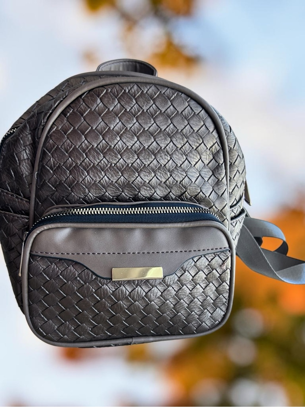 Woven Textured Mini Backpack in Bronze with Front Zip Pocket